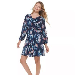 DKNY Pleated Balloon-Sleeve Dress navy pink size 2 New